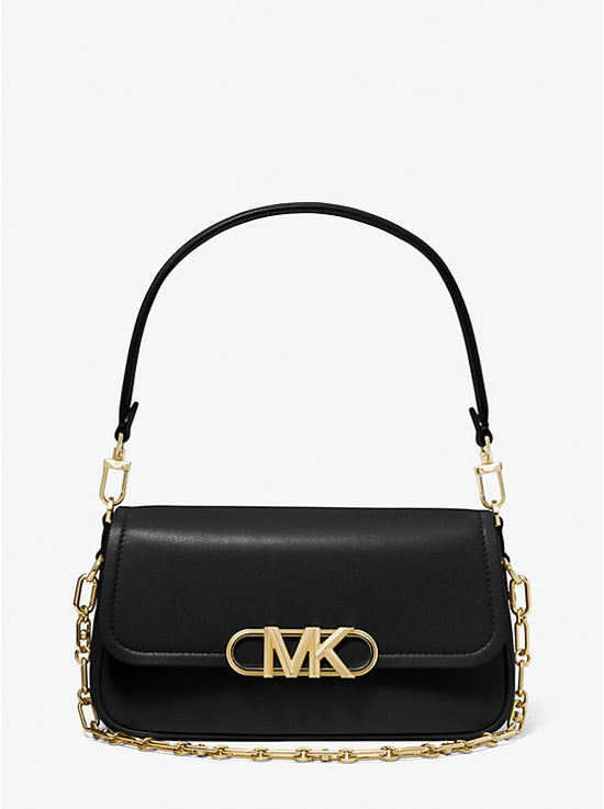 Cartera Michael Kors Parker Medium de cuero suave con cierre de solapa y herrajes dorados.