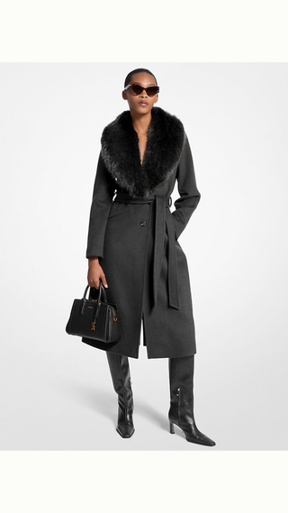 Chaqueta Michael Kors Faux Fur Trim Wool Blend Coat Black