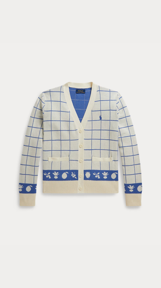 Polo Ralph Lauren Windowpane Cotton V Neck Cardigan Cream