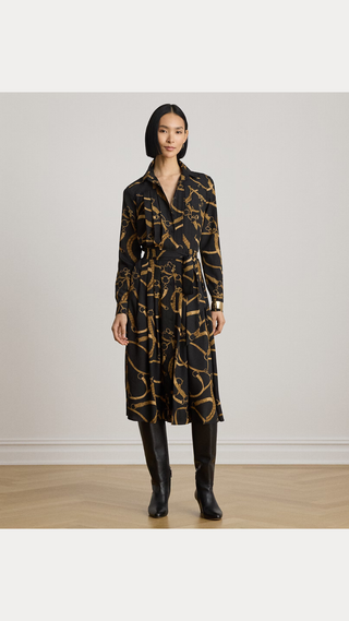 Camison Polo Ralph Lauren Belting print crepe shirtdress Negro y Dorado