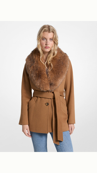 Blazer Michael Kors Faux Fur Trim Wool Blend Coat Dark Camel