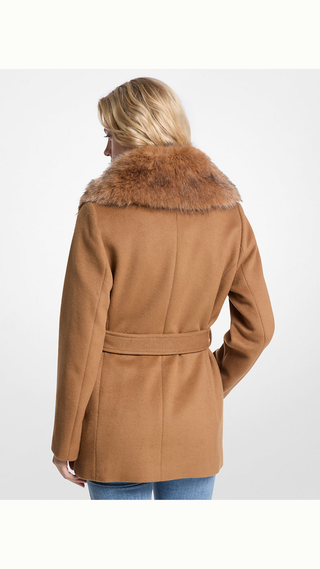 Blazer Michael Kors Faux Fur Trim Wool Blend Coat Dark Camel