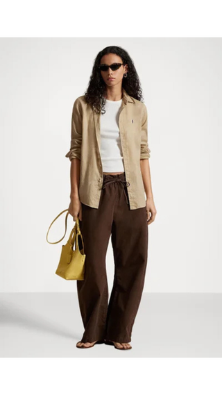 Camisa Polo Ralph Lauren Fit Belted Linen Beige