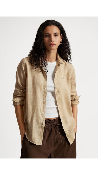Camisa Polo Ralph Lauren Fit Belted Linen Beige