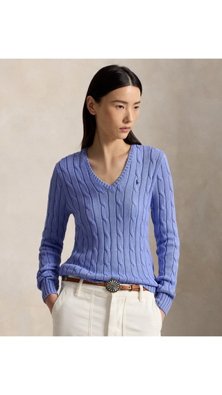 Sweater Polo Ralph Lauren Cable-Knit V-Neck Cotton Celeste