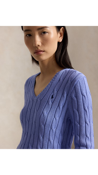 Sweater Polo Ralph Lauren Cable-Knit V-Neck Cotton Celeste