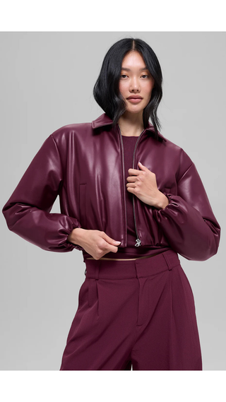 Chaqueta Alo Yoga Faux Leather Cropped Premier Bomber Burgundy