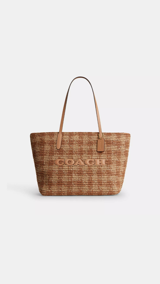 Tote Coach City Bag With Gingham Print Beige