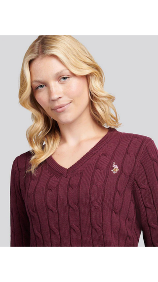 Sweater US Polo Cable-Knit V-Neck Cotton Burgundy