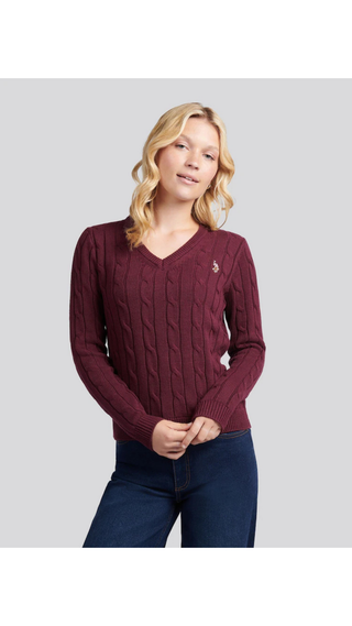 Sweater US Polo Cable-Knit V-Neck Cotton Burgundy