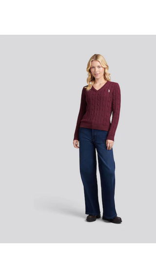 Sweater US Polo Cable-Knit V-Neck Cotton Burgundy