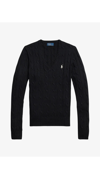 Sweater US Polo Cable-Knit V-Neck Cotton Black