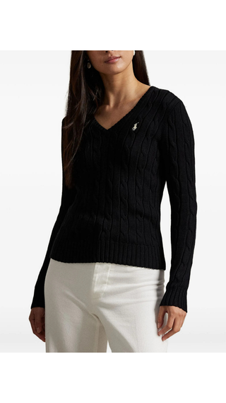 Sweater US Polo Cable-Knit V-Neck Cotton Black