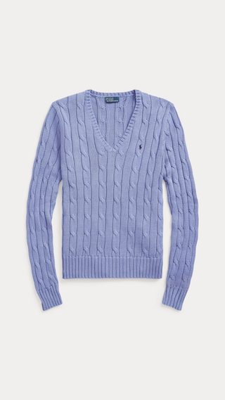 Sweater Polo Ralph Lauren Cable-Knit V-Neck Cotton Celeste