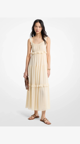 Vestido Michael Kors Ruffled Georgette Maxi Dress Crema