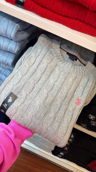 Sweater US Polo Crew Cable-Knit Cotton Grey