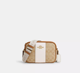 Crossbody Coach Mini Jamie Camera Bag In Signature Canvas With Stripe Gold/Light Khaki/Chalk Lt Saddle