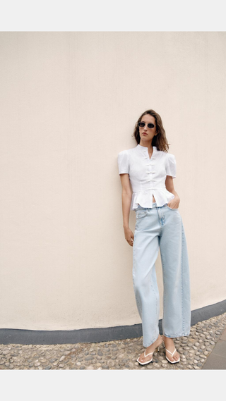Shirt Zara Frog Fastening Peplum Blanco