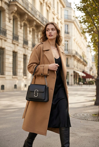 Modelo usando la Cartera Marc Jacobs Negra con cadena plateada en un entorno urbano