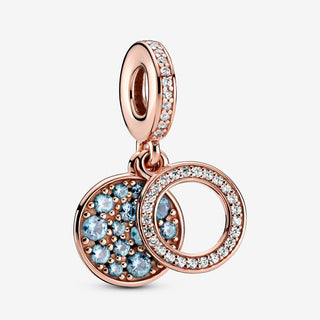 Charm Sparkling Disc Double Dangle Light Blue Crystal & Clear CZ 14k Rose gold plated